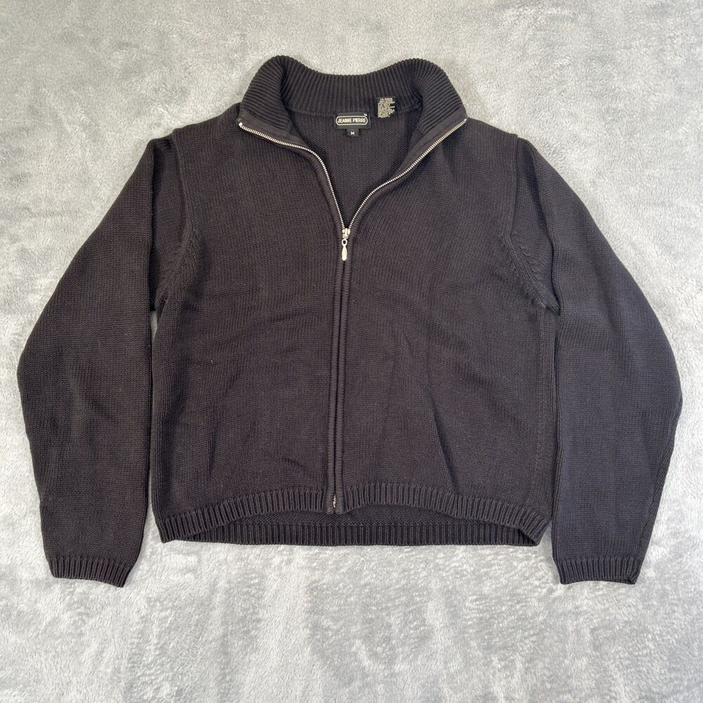 Vintage Jeanne Pierre Sweater 100% Cotton Chunky Full Zip Womens Medium Black